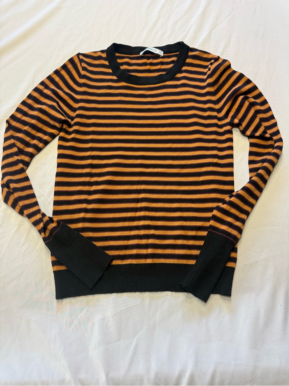 Zara Black and Orange Striped Crewneck Sweater